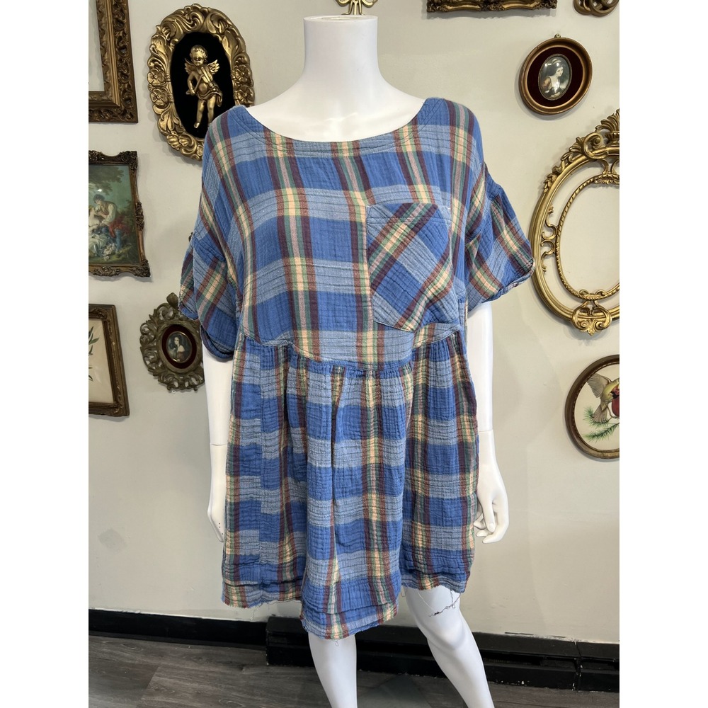 Free People Blue Plaid Cotton Gauze Drop-Waist Tunic Top Shirt Size XL